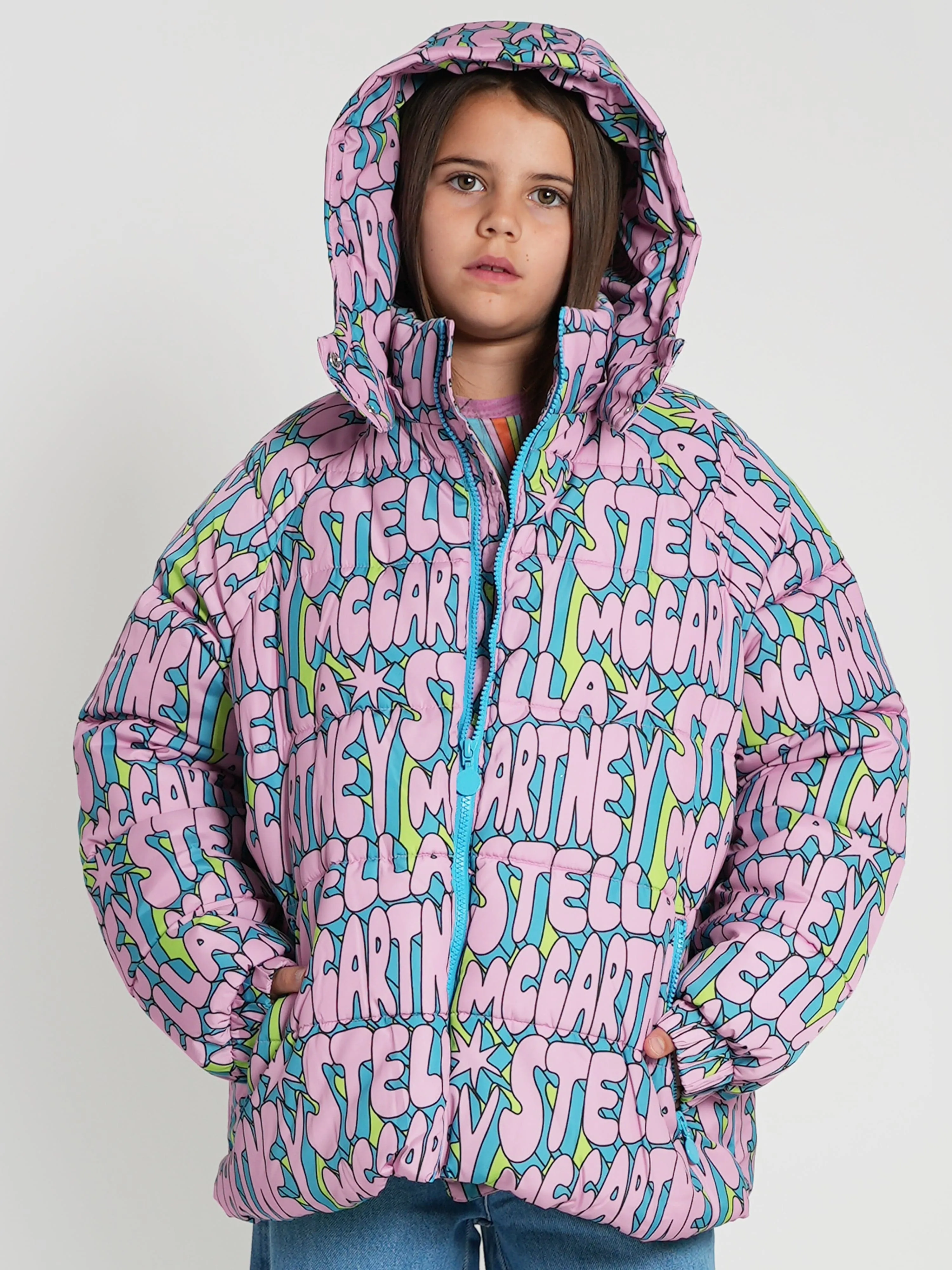 Stella McCartney Girls Logo Puffer Jacket in Multicolour