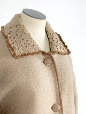 Stone Wool Sweater Coat with Crochet Trim Accent