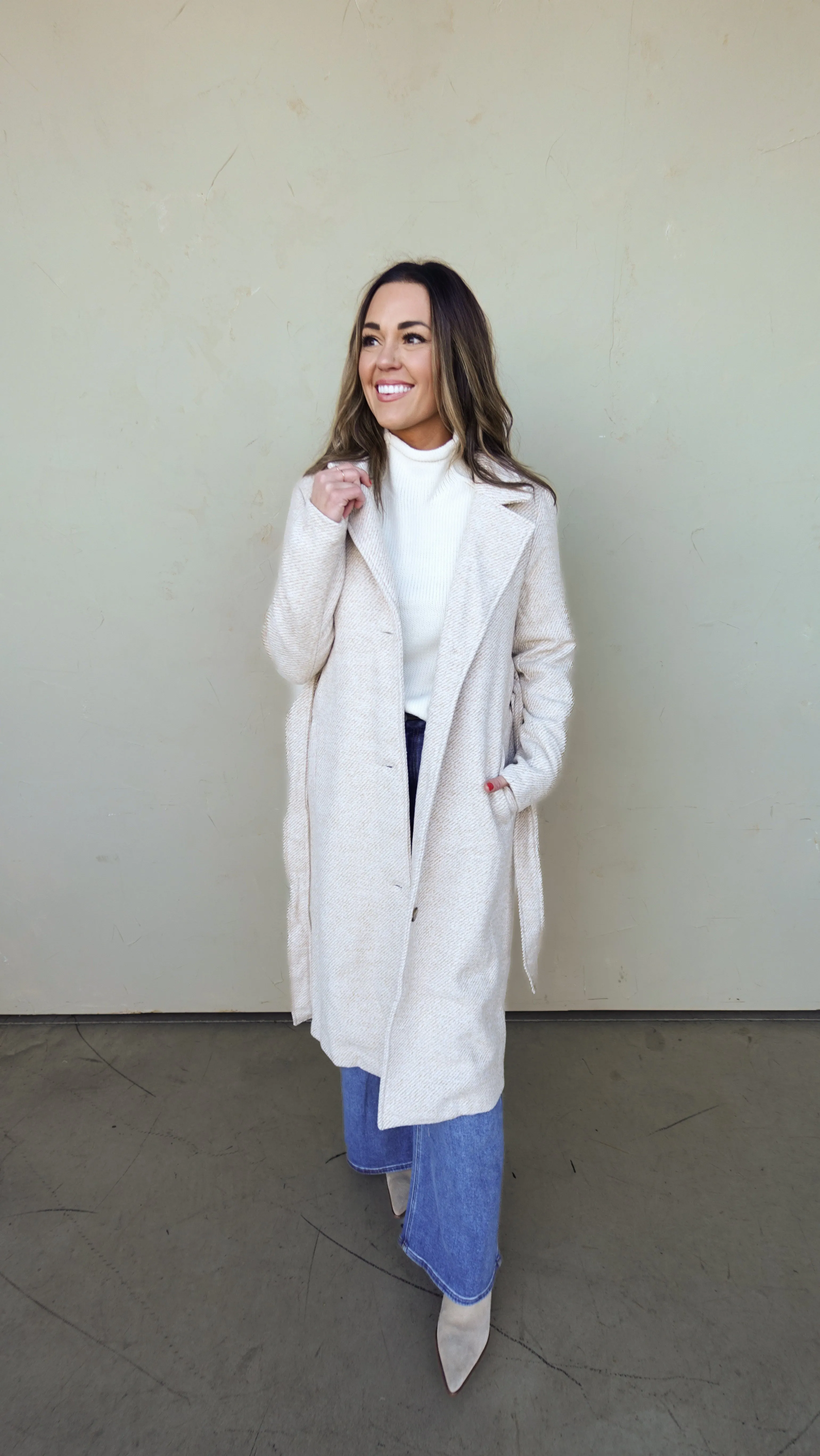 Tan Long Coat with Belted Waist