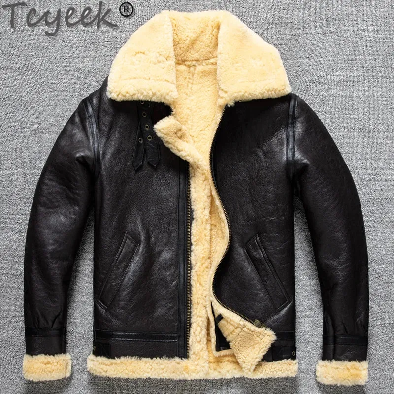 Tcyeek 100% natural genuine male fur jacket.Men winter warm thick wool coat.quality B3 shearling cloth.Plus size Peles