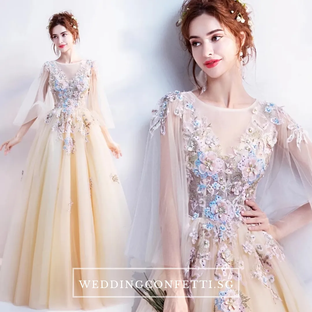 The Gregery Light Yellow 3D floral Flare Sleeves Gown