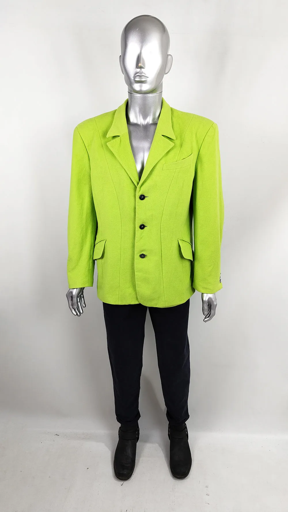 Thierry Mugler Vintage Mens Neon Green Wool Blazer Jacket, 1980s