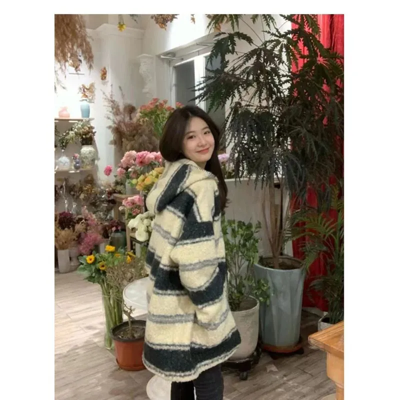 Thigh-Length Loose Fit Retro Stripe Hooded Wool Blend Coat