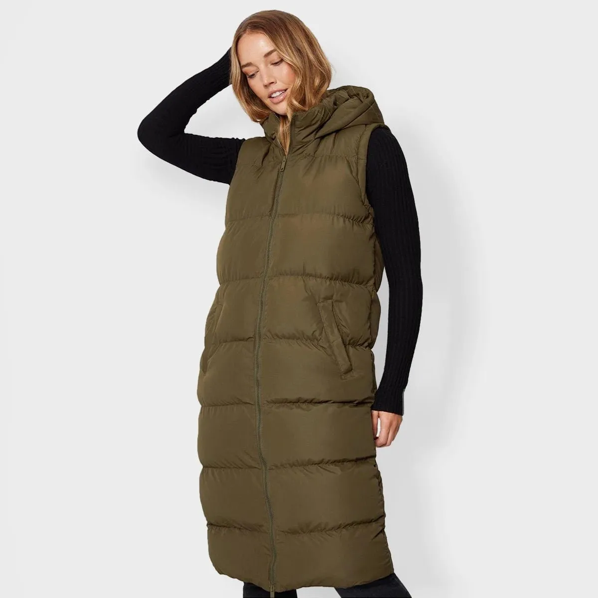 Threadbare Longline Hooded Puffa with detachable sleeves.