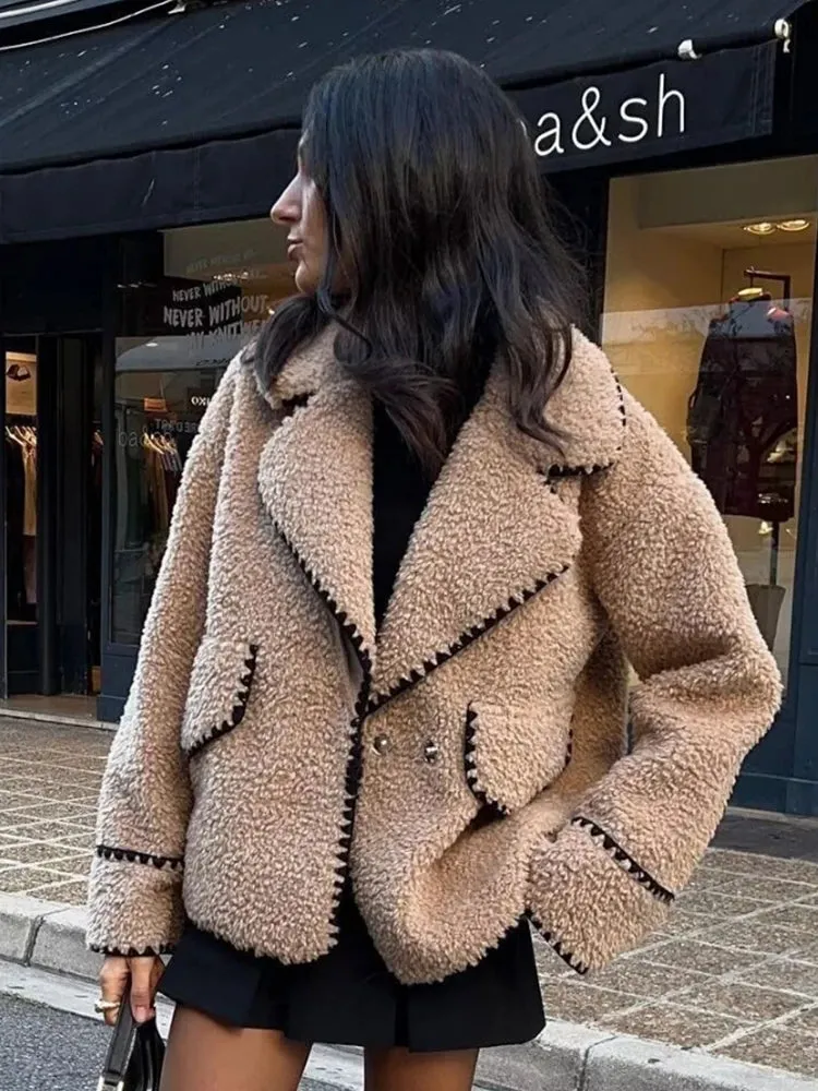 Toleet-Winter Outfits Christmas Black Friday Winter New Faux Fur Jacket Fashion Long Sleeve Fleece Slim Fit Lamb Fur Coat Wool High Neck Woolen Coat Warm Overcoat Women