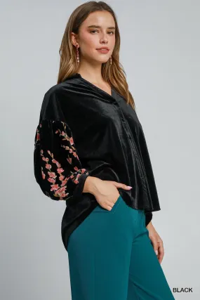 VELVET SHEER FLORAL SLEEVE BUTTON DOWN TOP