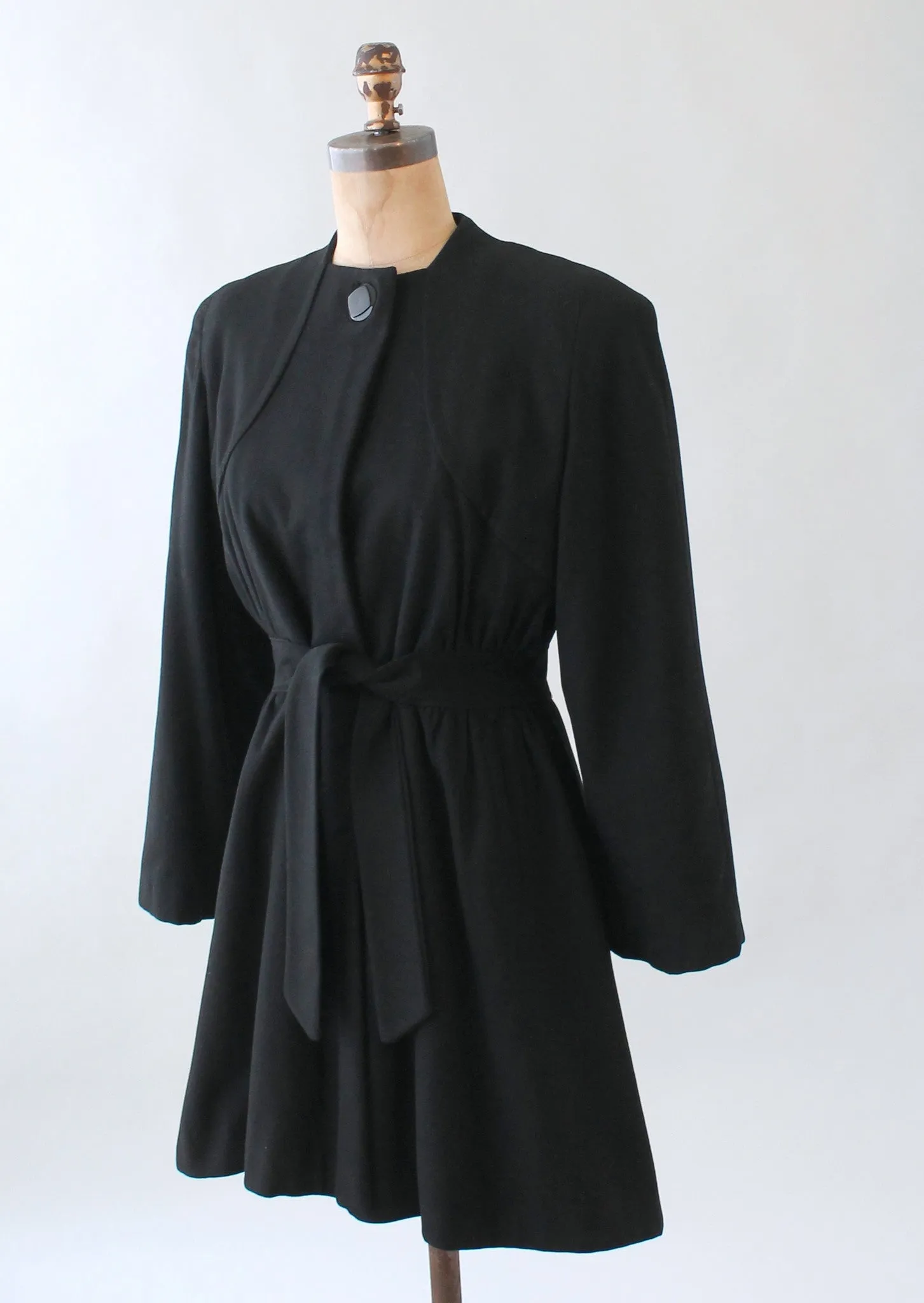 Vintage 1940s Black Wool Car Length Princess Coat