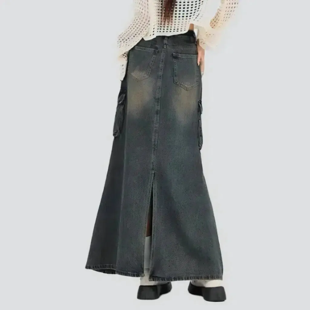 Voluminous back-slit women's jean skirt