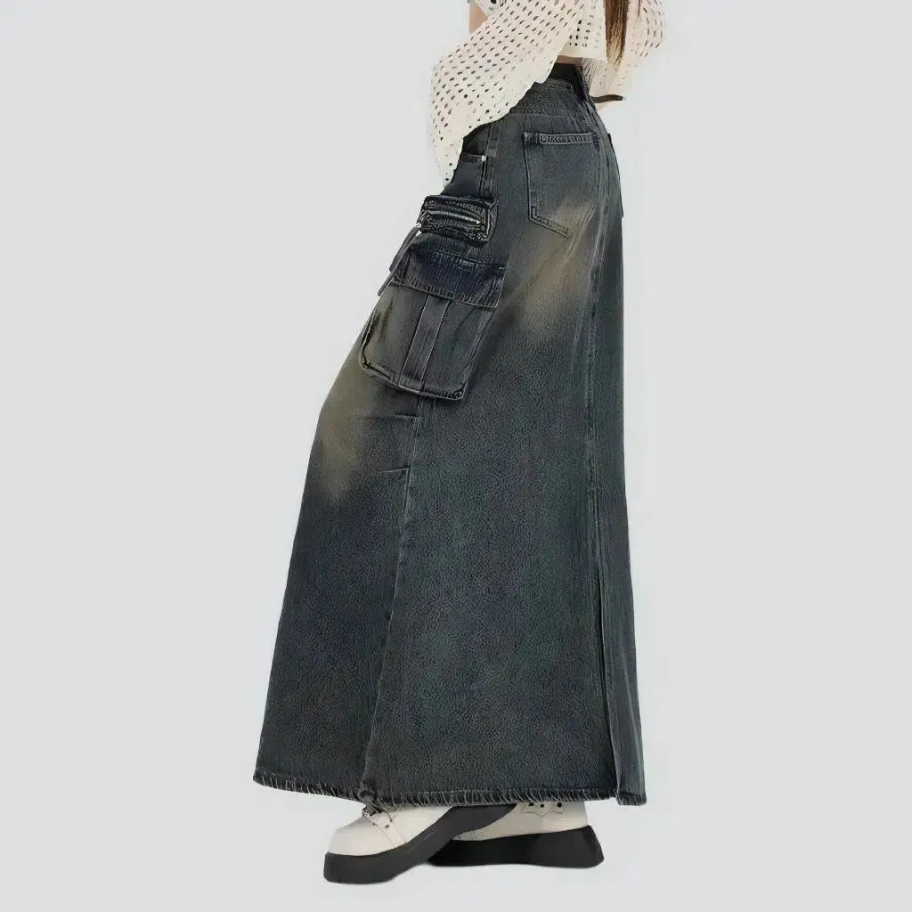 Voluminous back-slit women's jean skirt