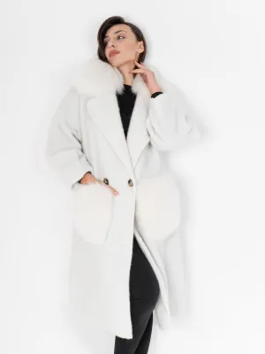 White fox fur coat with pockets and collar