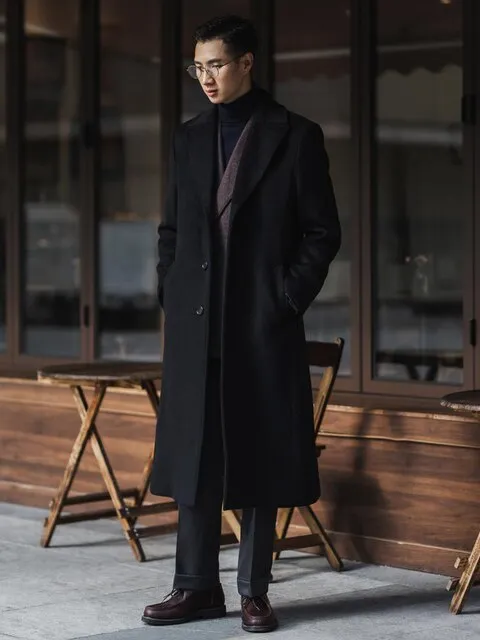 Wiaofellas Autumn Winter Long Warm Black Trench Coat Men Single Breasted Luxury Wool Blends Overcoat High Quality Clothing