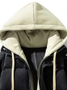 Winter Faux Two-piece Hooded Warm -padded Jacket