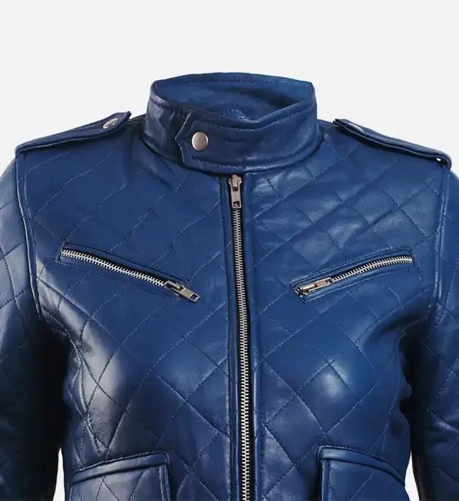 Women’s Blue Leather Puffer Jacket