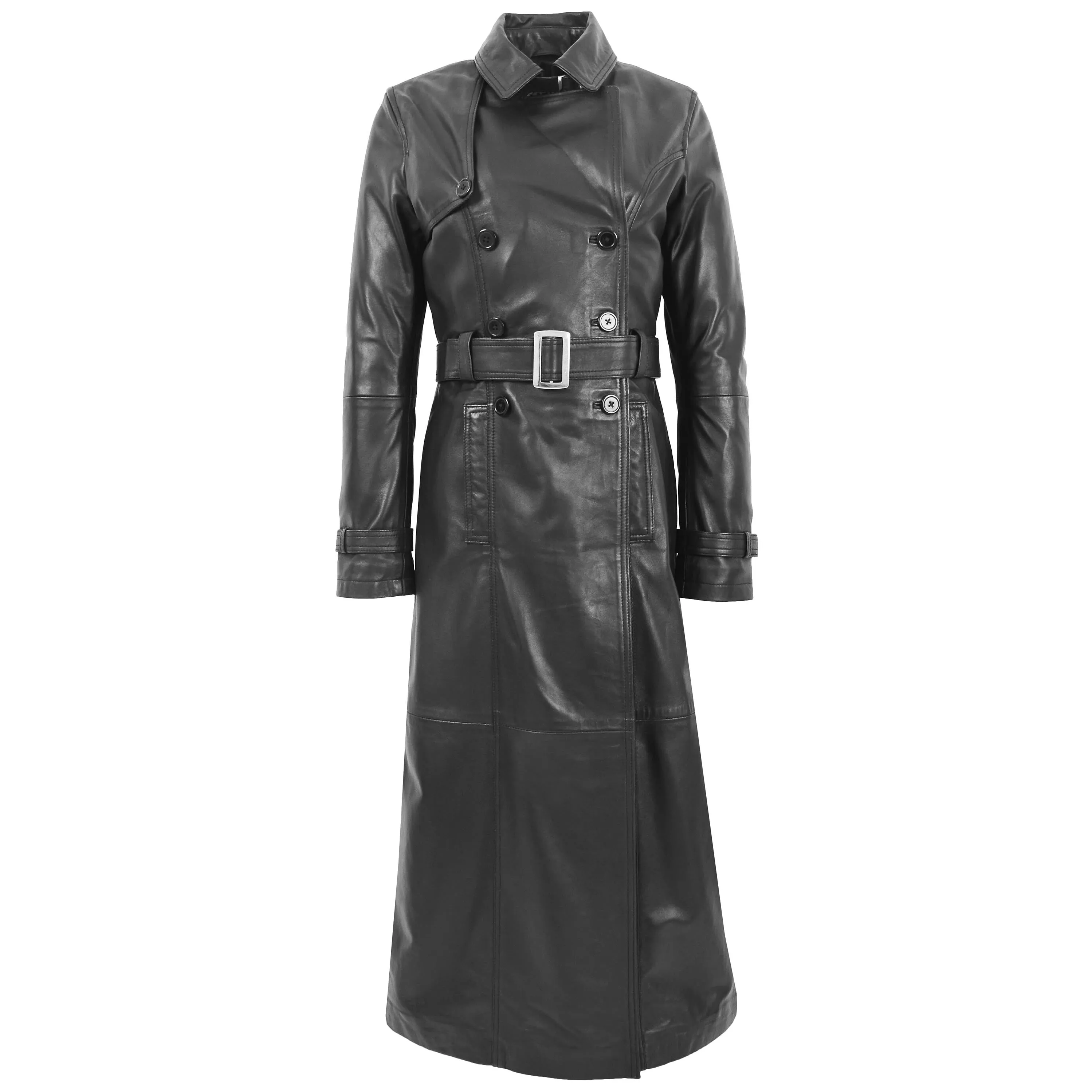 Womens Leather Full Length Trench Coat Sharon Black