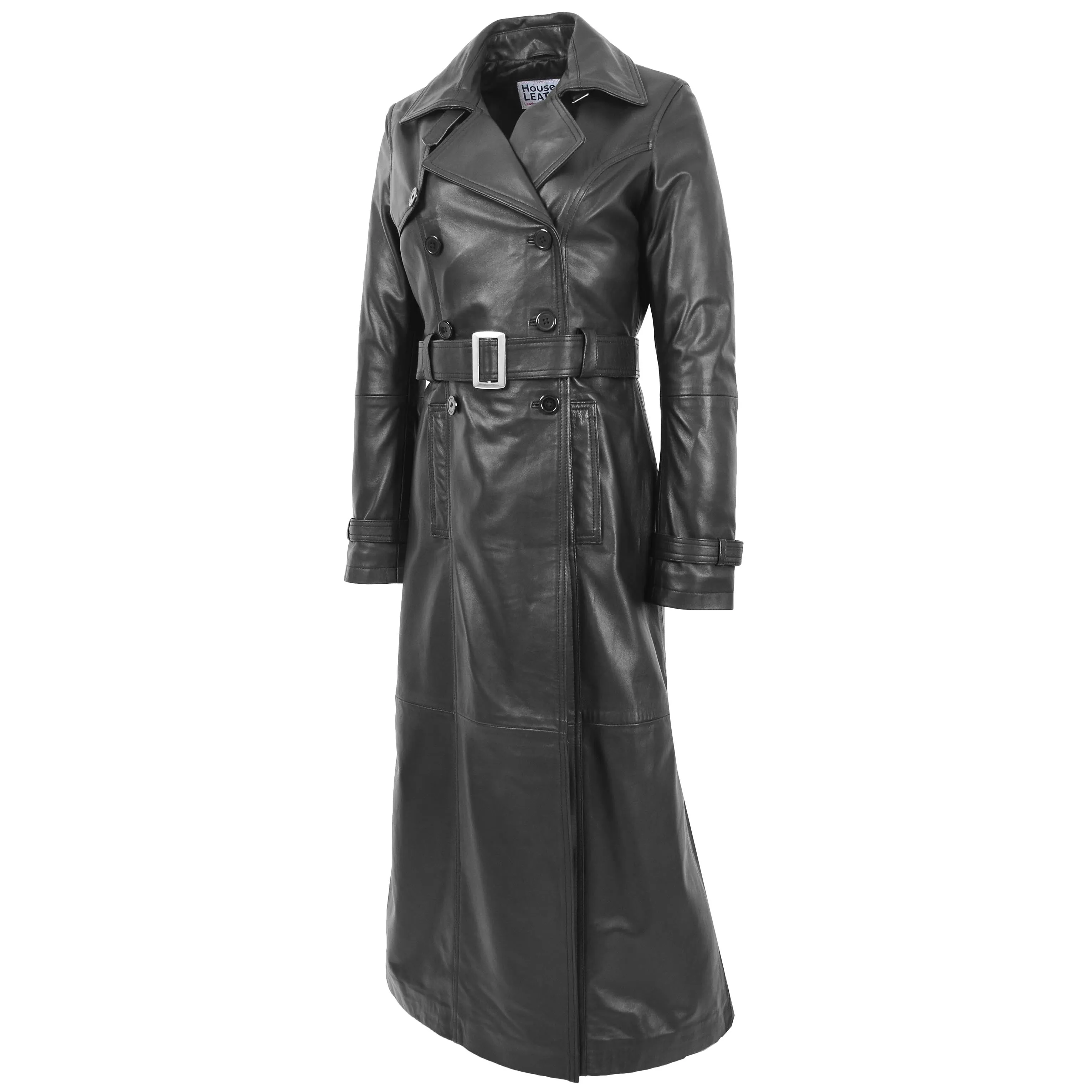 Womens Leather Full Length Trench Coat Sharon Black