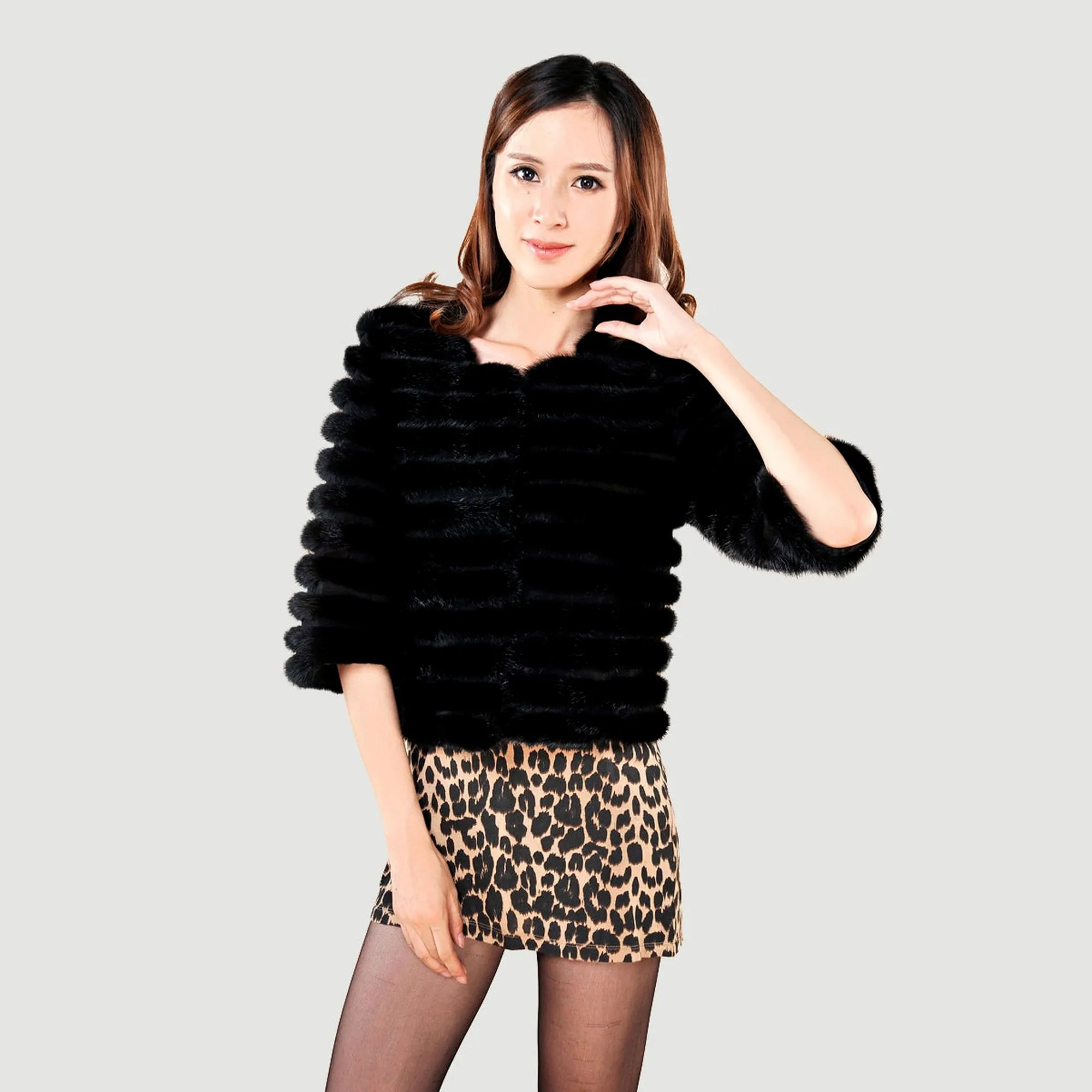 Women's Natural Mink Fur Coat Women Half Sleeve Stripes Female Short Overcoat 13086