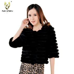 Women's Natural Mink Fur Coat Women Half Sleeve Stripes Female Short Overcoat 13086