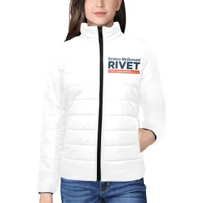 Women's White Puffer Jacket with Kristen McDonald Rivet for Congress Campaign Logo – Front and Back Design