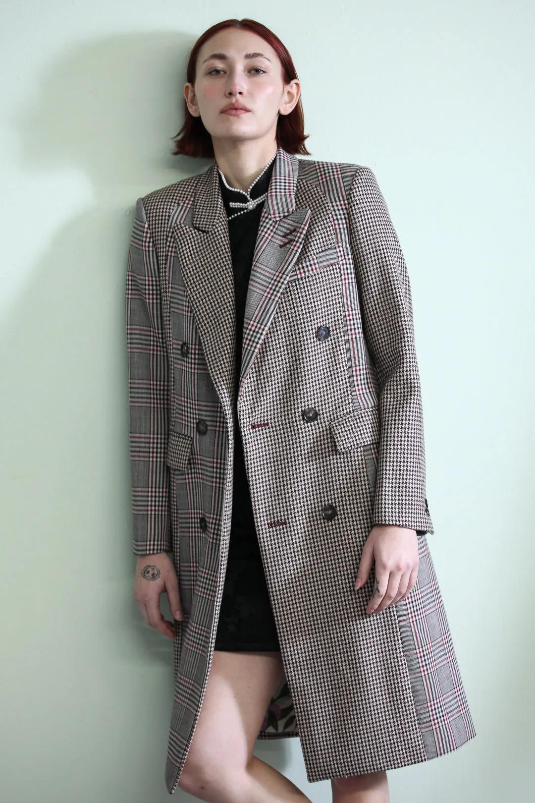 Wool Plaid Collage Double Breasted Coat