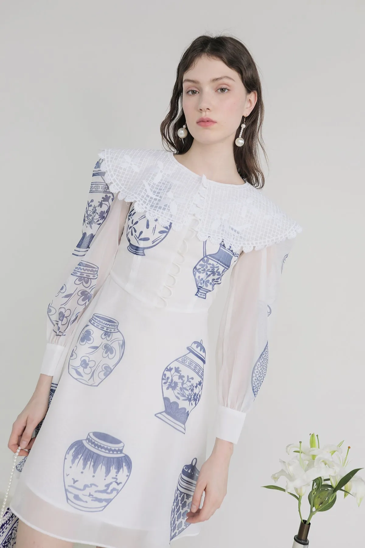 XUNRUO | Blue And White Porcelain Lapel Dress