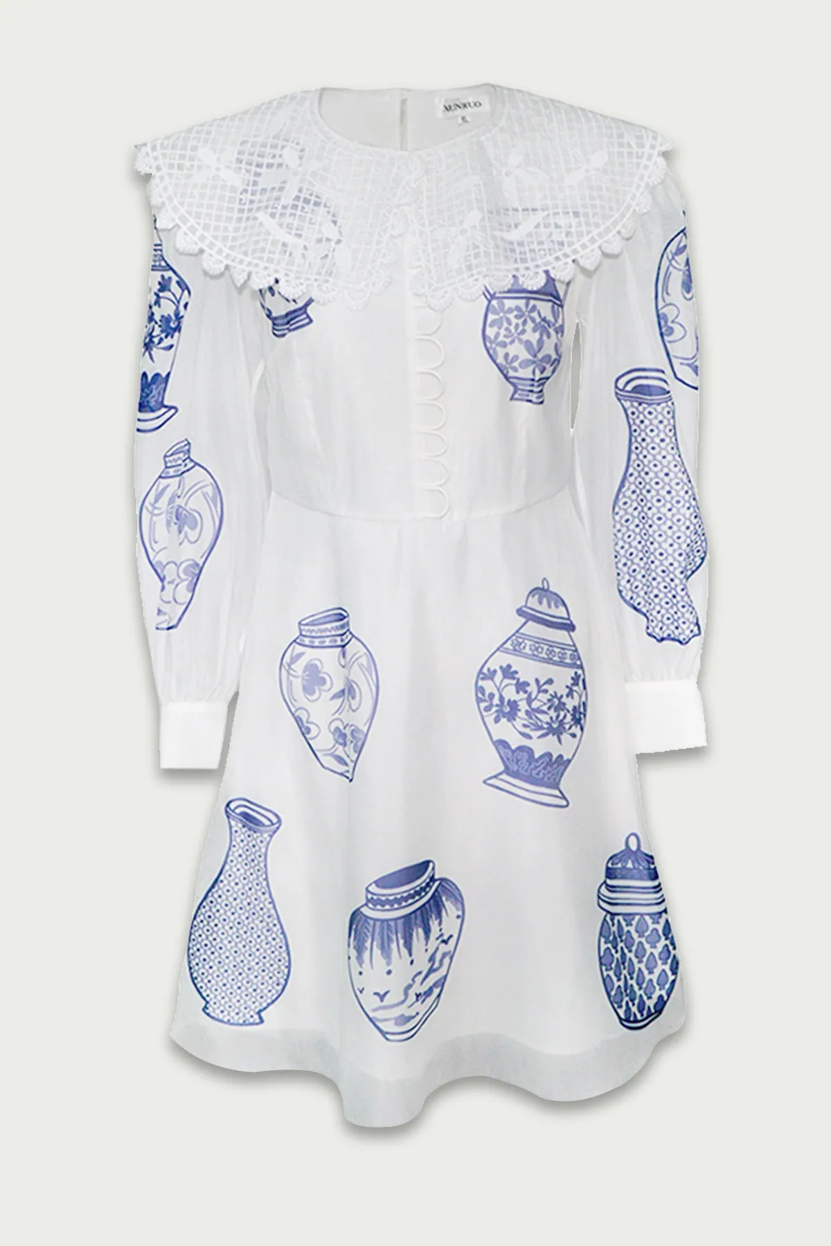 XUNRUO | Blue And White Porcelain Lapel Dress