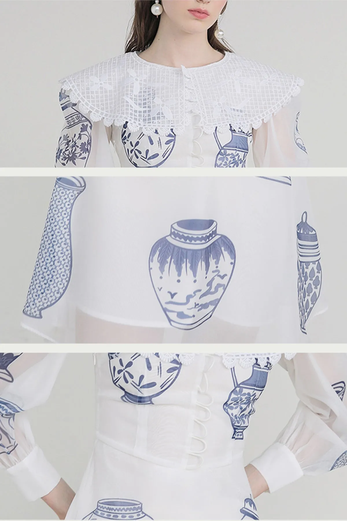 XUNRUO | Blue And White Porcelain Lapel Dress