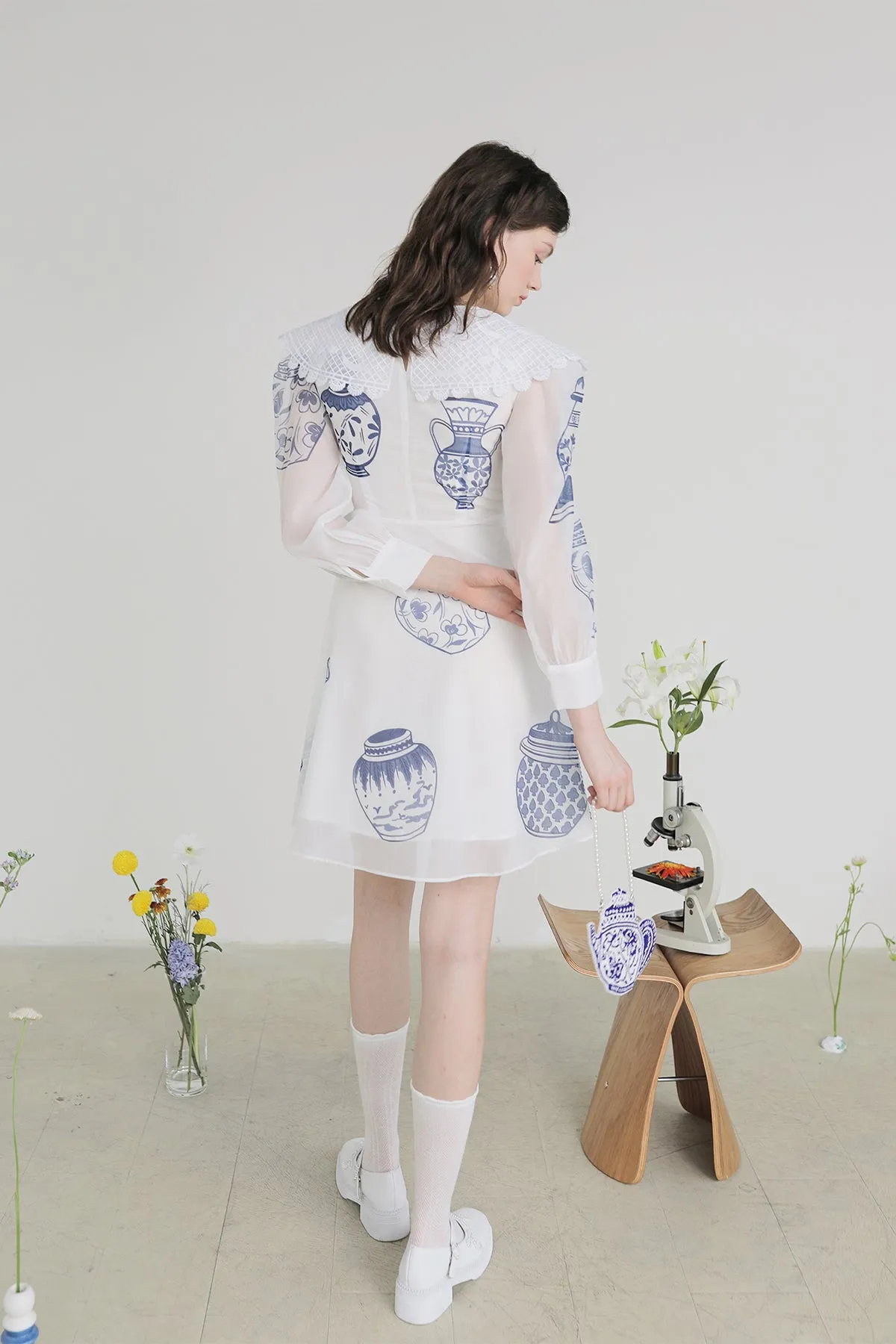 XUNRUO | Blue And White Porcelain Lapel Dress