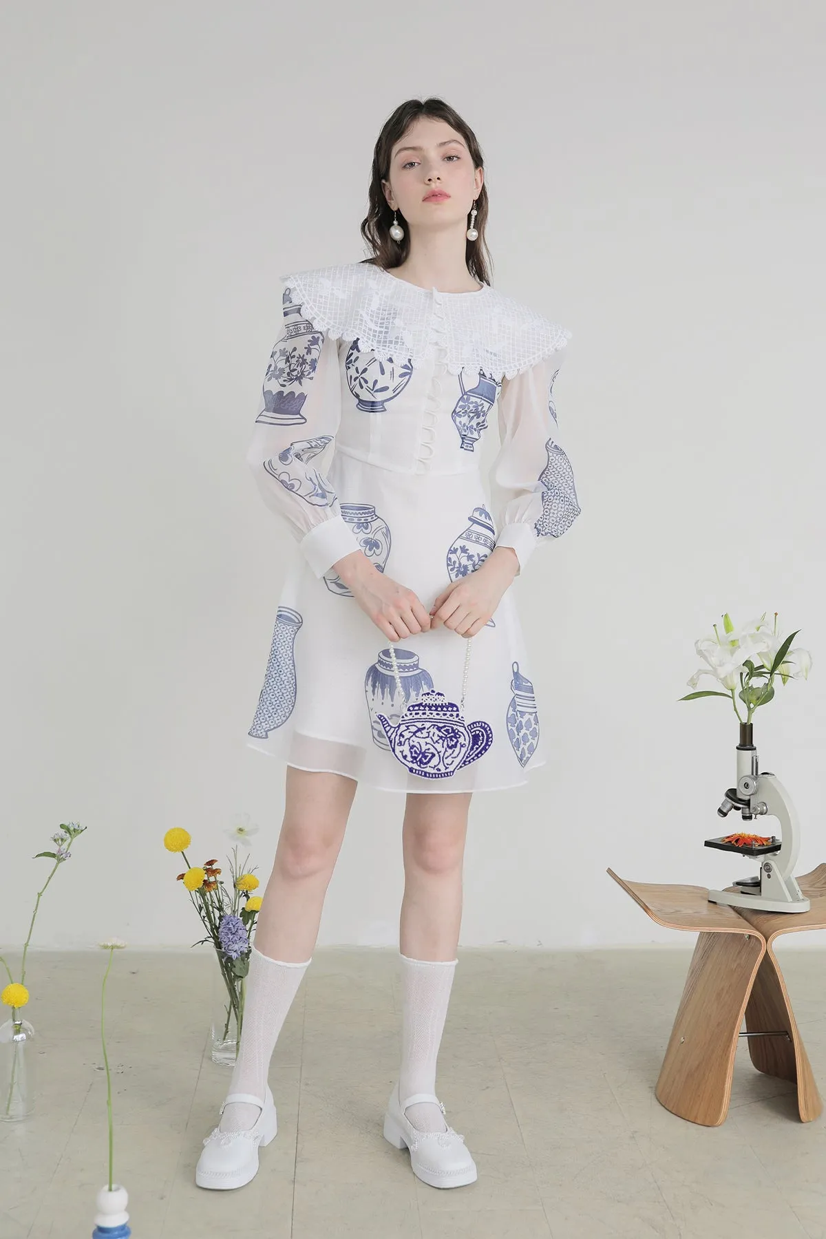 XUNRUO | Blue And White Porcelain Lapel Dress