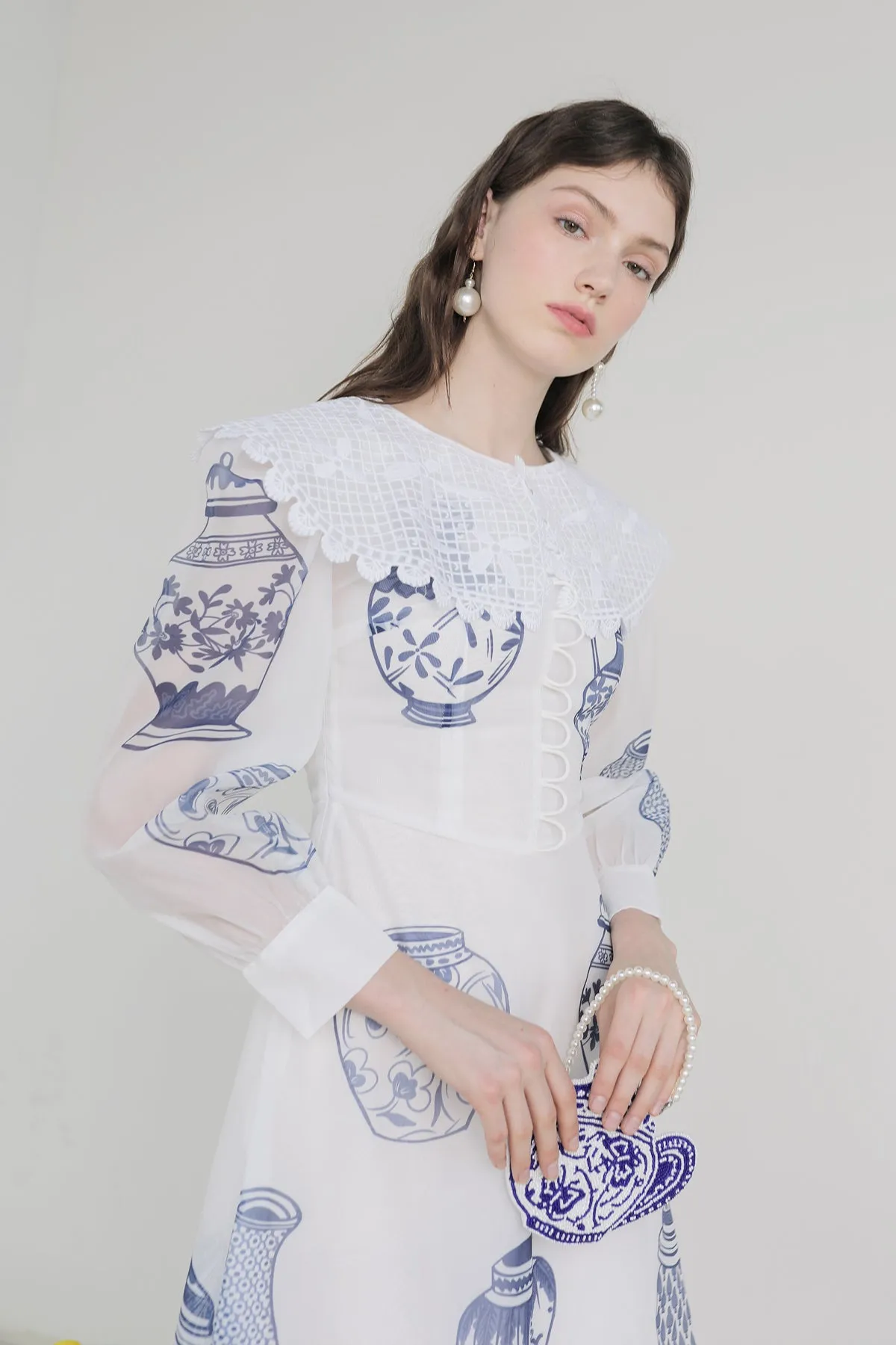 XUNRUO | Blue And White Porcelain Lapel Dress